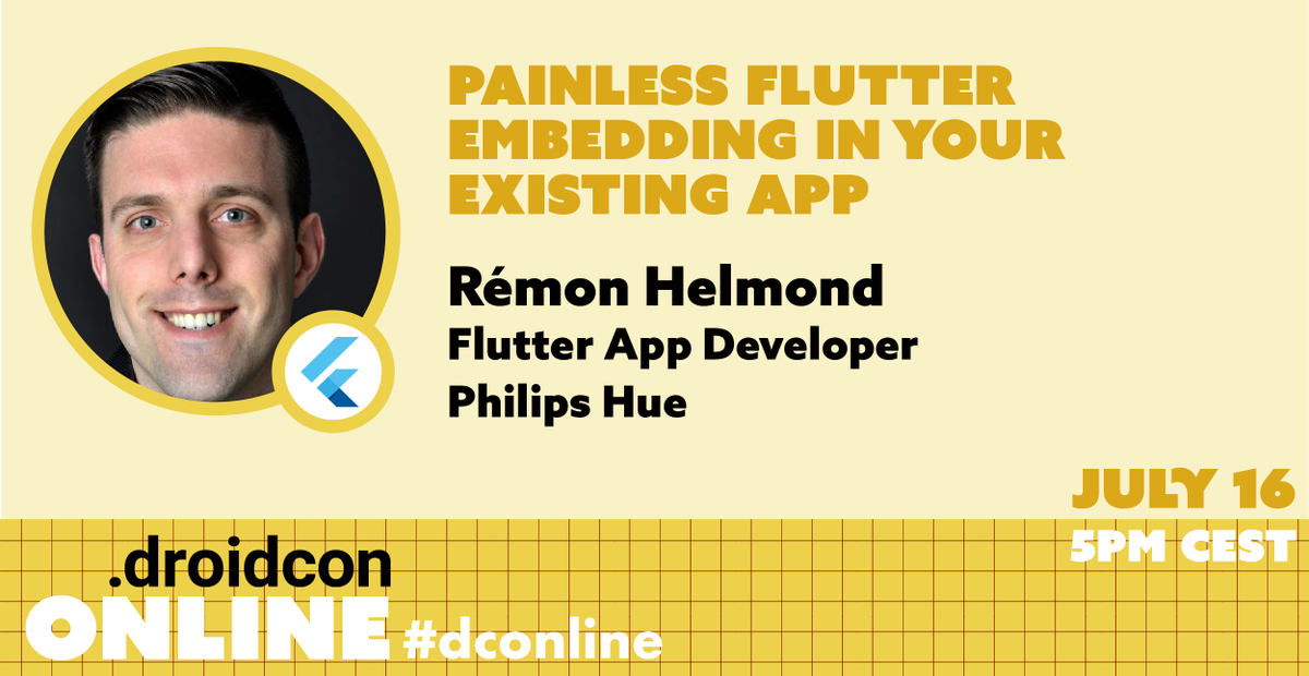 droidcon's tweet photo. Don't miss out on tomorrow's #dconline #webinar! @remonh87 &amp; @salihgueler will be presenting on the #Flutter #Add2App approach and how to use the #StateManagement options. The webinar kicks off at 5 pm CEST - You can still register for free right here: https://t.co/aHGX1YYVFo https://t.co/90XdhKHZ8P