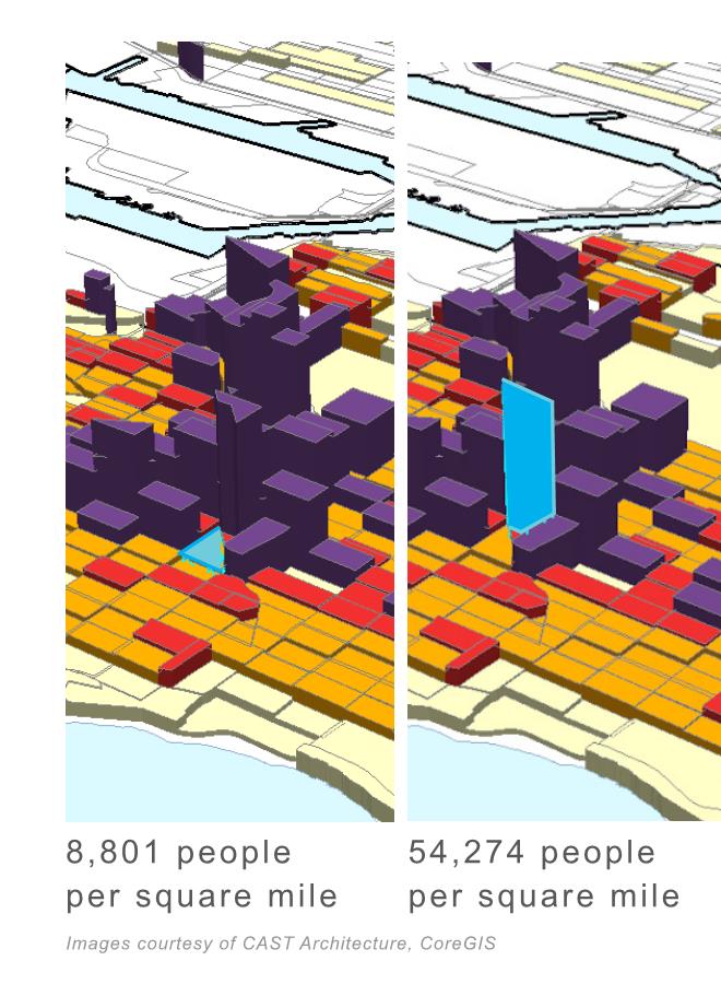 Urban villages are too small, too few, and the edges are highly contested because we’ve struck such a stark line between what is allowed inside or out. It is a equity issue now, and will get much worse. (image is of relative density across UV boundary street)3/