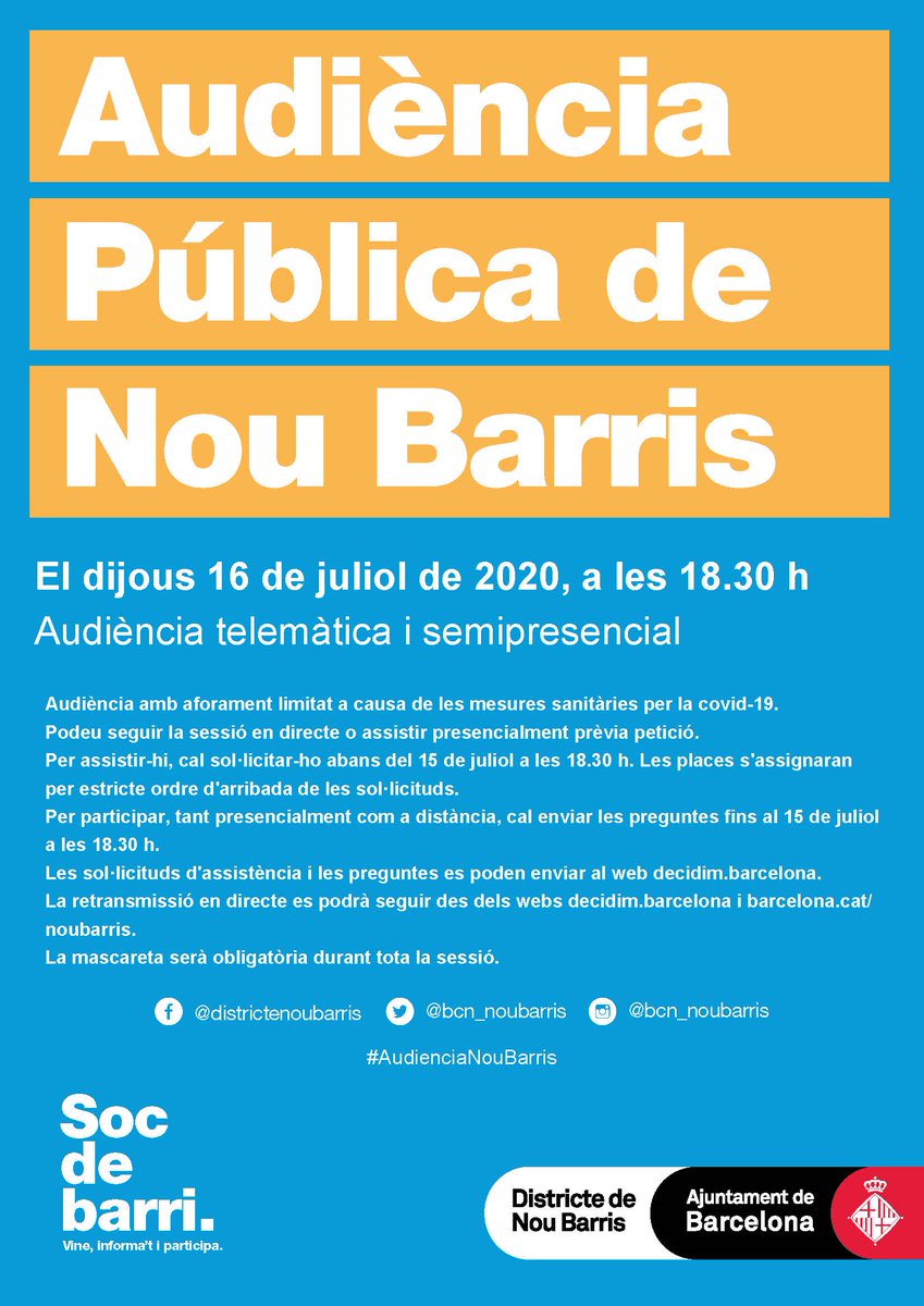 L'Audiència Pública de #NouBarris que tindrà lloc demà a les 18.30 h tindrà un format semipresencial.

Podreu assistir-hi (aforament limitat), seguir-la per YouTube i, en tots 2 casos, formular preguntes amb 24 hores d'antelació. Us expliquem com fer-ho: ow.ly/ZO4z50AxEKV