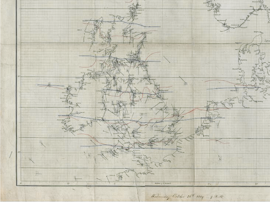 Storms, like the Royal Charter Gale of 25th/26th October 1859, claimed 800 lives and 133 ships, focused attention on the need for storm warnings. FitzRoy believed his department could provide them, with the chart below showing they could track the storm.