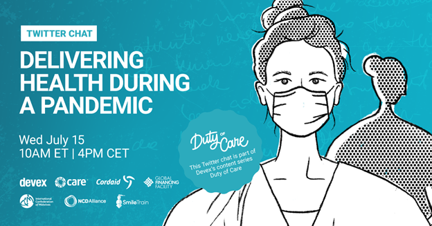 Smiletrain's tweet image. Just minutes to go! At 10 AM ET, join panelists from @devex @HealthAtCARE @cordaid @theGFF @world_midwives @ncdalliance @SmileTrainAfric &amp;amp; add your voice to the conversation on how health care workers can be empowered during this on-going pandemic. #DutyofCare #DevexSERIES