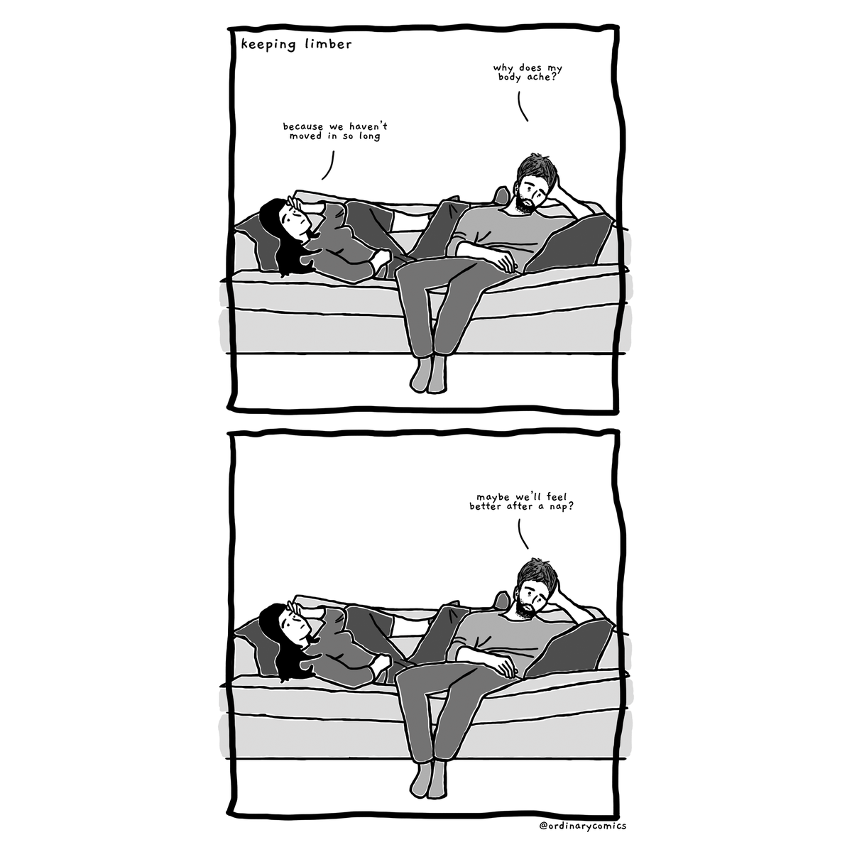 ComicsOrdinary's tweet photo. Keeping limber. #webcomic #quarantine #illustration https://t.co/V2TTflqM36