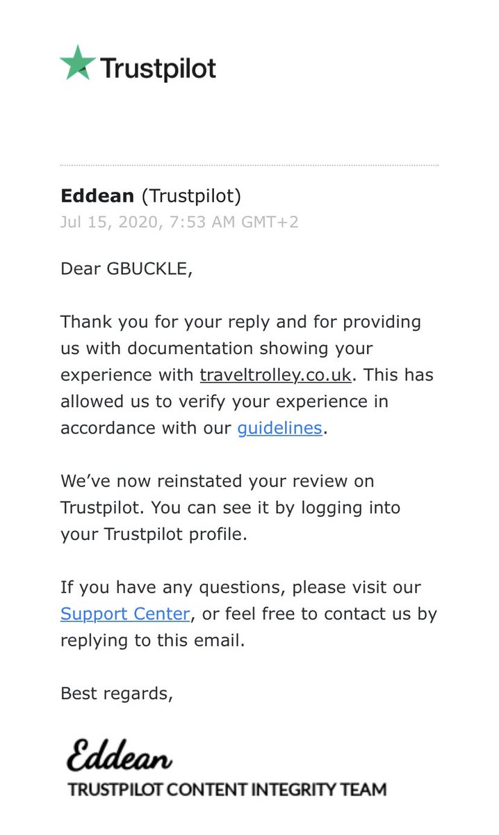 GrahamBuckle2's tweet photo. Unlucky @TravelTrolleyUK! Your shameless attempt to have my @Trustpilot review removed has failed!Review reinstated since it is genuine!Your dishonesty plumbs new depths as each day goes by! @Shiner_84 @Tails_22 @_WillMcCarthy @travel_yet @MattWSmith125 @mattleach1875 @peter_kulu https://t.co/d6GVwACpcw