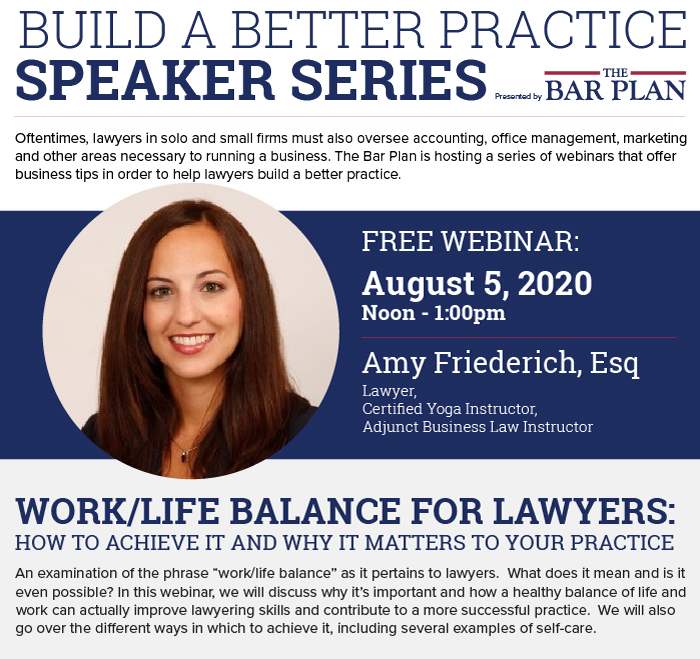 Join us on 8/5 for our next session in our Build A Better Practice series. Register: thebarplan.com/buildabetterpr… Thank you to our speaker, Amy Friederich. #FreeCLE #LawyerWellbeing #Wellness #WeHelpLawyers