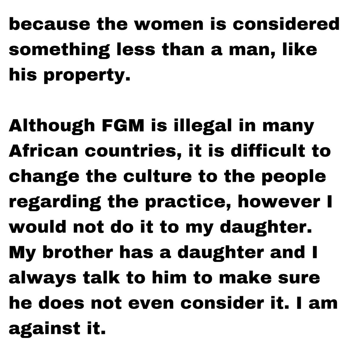 UnCUTInitiative's tweet photo. “It is done because of culture. My parents probably felt pressured and that they were doing the right thing; maybe they thought that I would not find a man if I didn’t have it done. It is an old-fashion mentality to carry on tradition which in this modern ages make no sense.” https://t.co/SxDYfK8ATE