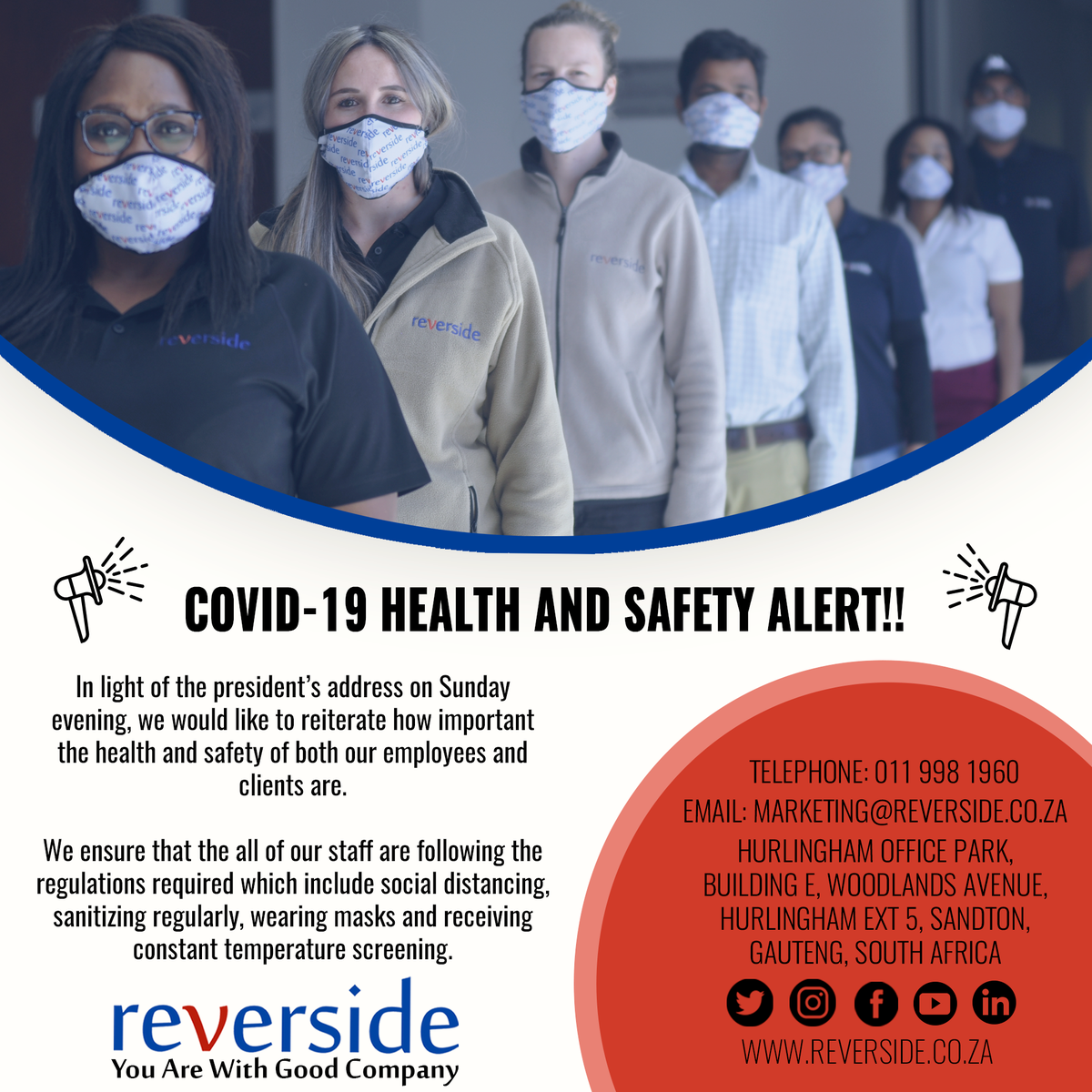 Reverside1's tweet photo. #COVID19 #Healthandsafety #Youareourpriority #regulations #wesocialdistance #masks #sanitize #reverside #youareingoodcomapny #servicesdeliveredwithauniquevalueproposition https://t.co/JlXzE92IH6