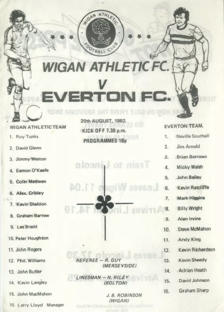 #25 Wigan Athletic 1-6 EFC - Aug 20, 1982. Kendall’s high-scoring Blues made a short trip to Springfield Park to thrash newly-promoted Div 3 newcomers Wigan. Two goals from Graeme Sharp (10 goals in pre-season for him), plus 1 each for Heath, Irvine, King & Sheedy sealed the win.