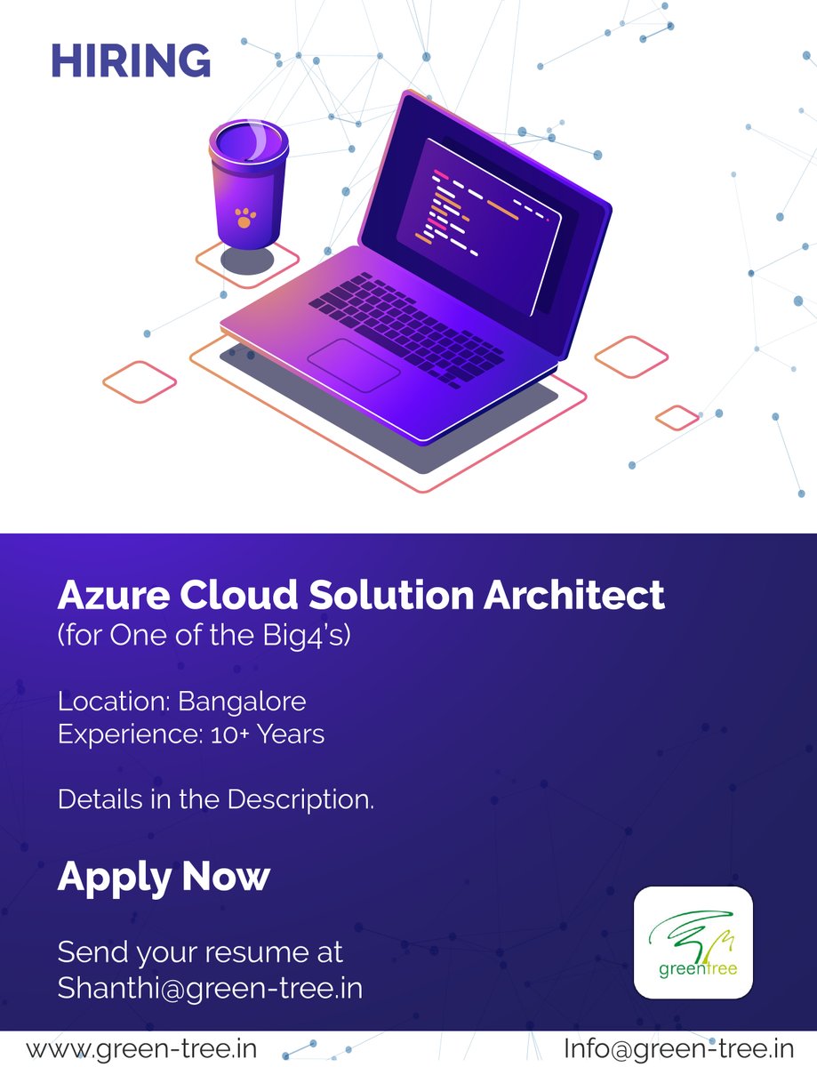 GreentreeLtd's tweet photo. #HiringNow
Azure Cloud Solution Architect
Bangalore
Shanthi@green-tree.in
๐ข Like
โ
Share
โป๏ธ Refer a friend
#Azure #CloudArchitect #awscloud #jobseekers #databasearchitects #recruitmentconsultants #applynow #azurejobs #javadeveloper #hiring #hrmanager #recruit #vacancy https://t.co/dXy4dYn6Al