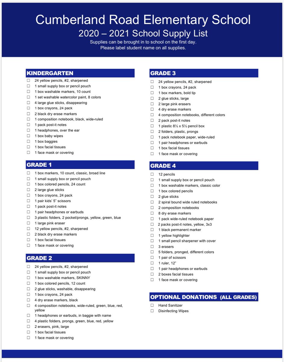 The 20-21 CRE supply list is below! It is also available on the school website.🎨✂️✏️
