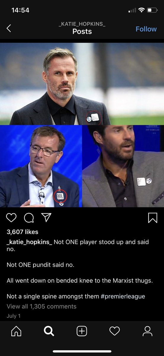 and the fact that she has posted pictures on her Instagram of football pundits wearing Black Lives Matter badges and claimed that “there wasn’t a singular spine” in them nor the football players because they “refused” to take a knee is FUCKING disgraceful.