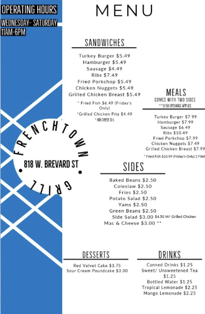 FrenchtownG's tweet photo. WE ARE OPEN TODAY 11AM UNTIL 6PM! Here is our menu!! https://t.co/2A4BTs26Wc