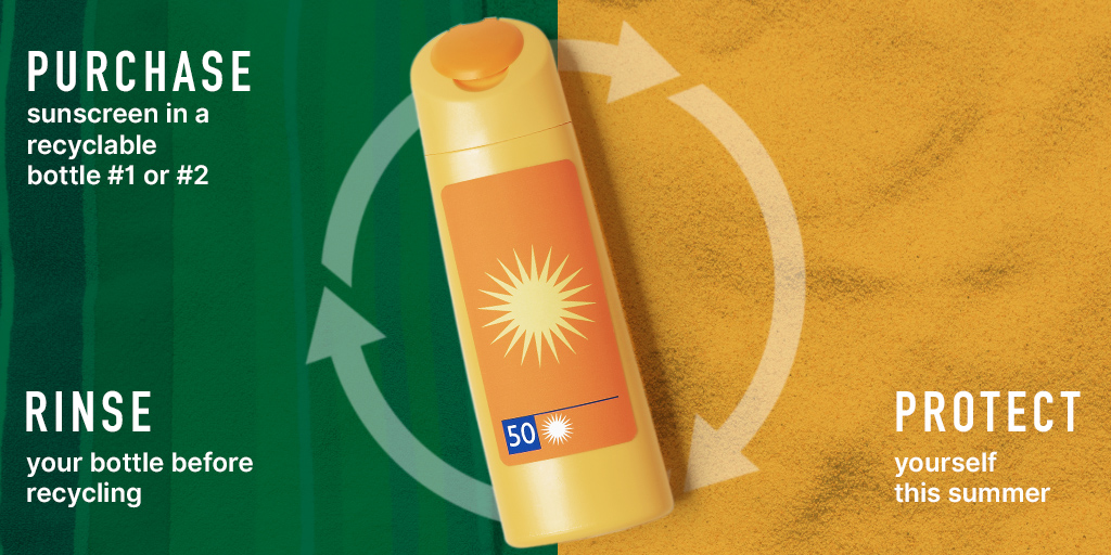 WasteManagement's tweet photo. Ever wonder how to properly dispose of empty sunscreen bottles? Spray ones can’t be placed in the recycling bin, and should go in the trash. Consider switching to a bottle made of #1 or #2 plastic with a pump, which can be recycled once empty and clean or refilled. #RecycleRight https://t.co/Zg05WHLhAn