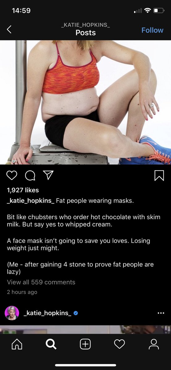 And not only is she racist, she suggested that a “face mask” wouldn’t save “fat” people but losing weight might. It doesn’t matter what you weigh because Coronavirus doesn’t just kill of “fat” people