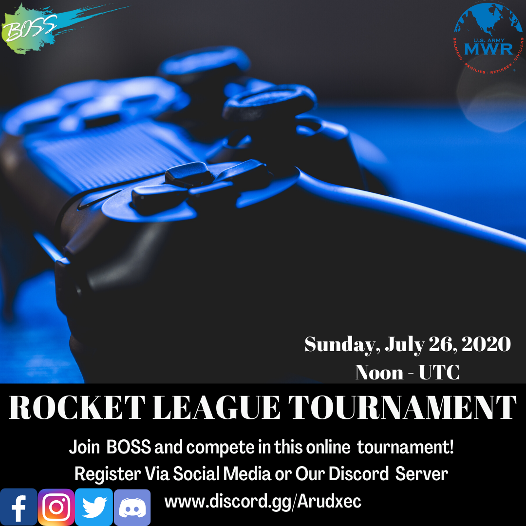 Fort Drum BOSS is hosting a 1 v 1 Rocket League Tournament. 
 
Participants: All soldiers welcome to compete in this event!

Required information for registration:  Rank, Last name, First-name, Bat./Squadron. and phone number.