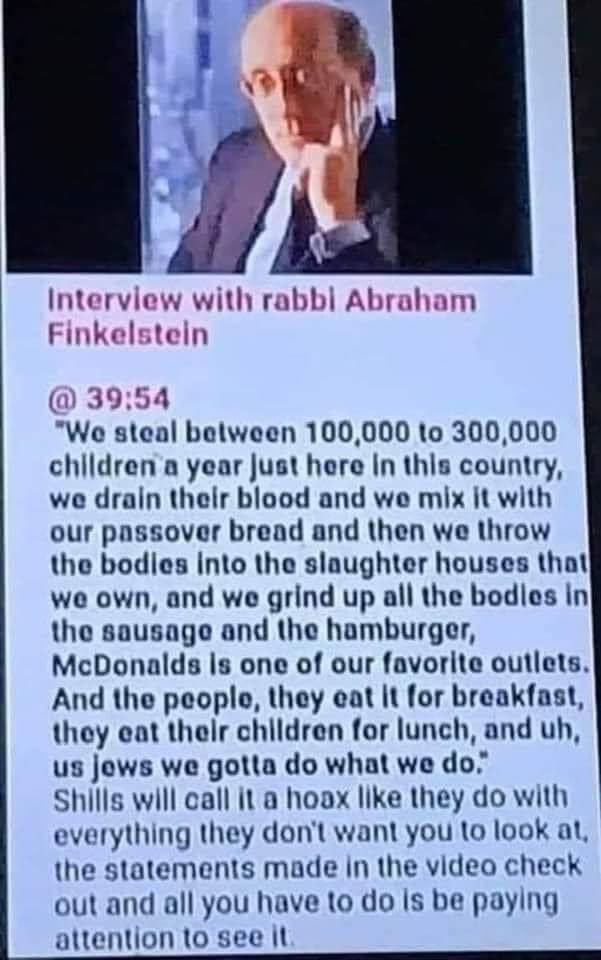 GinaMarie3113's tweet photo. Research #AbrahamFinkelstein. Remember this satanic Illuminati cult has made this entire reality. They’ve been farming us. Using us as their cattle. Billions have died to their disposal.

Watch video: https://t.co/rsK70LPlpn https://t.co/apy0TLIvqs