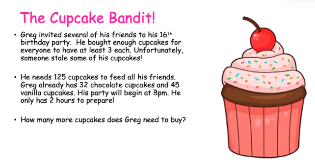 alcdsb_summer's tweet photo. In Ms. Chapman's class, we are learning strategies to solve word problems with The Cupcake Bandit. @OntarioSLP @alcdsb_summer #importantnumbers https://t.co/gdoAcktDpM