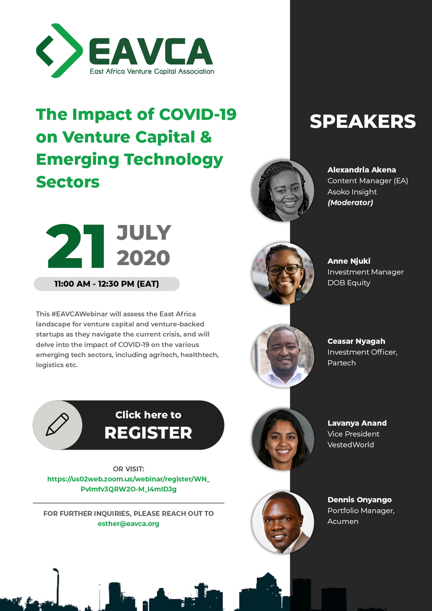 Curious about the impacts of Covid19 on VC & Emerging Technology Sectors ? Join our own @ceasarnyagah for this #EAVCAWebinar with @AsokoInsight @Acumen_EA @VestedWorld ! 📆 Tuesday 21 July 🕒 11.00am - 12.00pm (EAT) ✍️ us02web.zoom.us/webinar/regist… #Africa #tech #VC