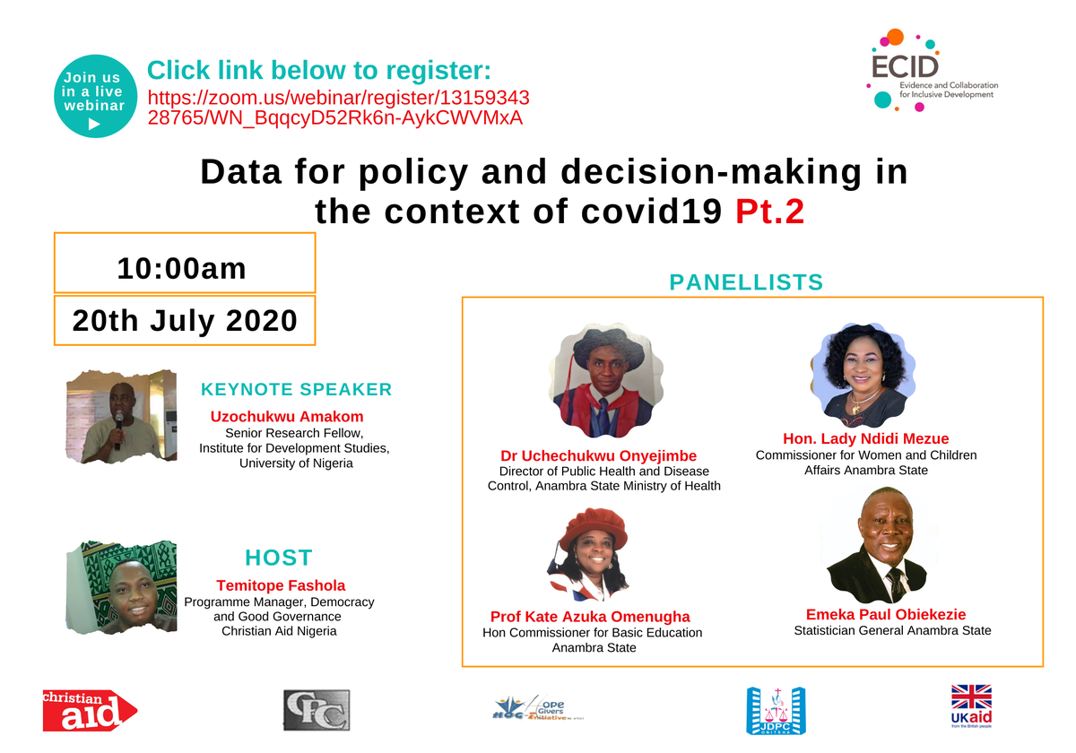 Join us as we continue the conversation on ‘Data for policy & decision-making in the context of #COVID19’ (Pt2) It is happening- Monday 20th July 2020 10:00 AM WAT To register follow the link below: 👇 zoom.us/webinar/regist… #ECID