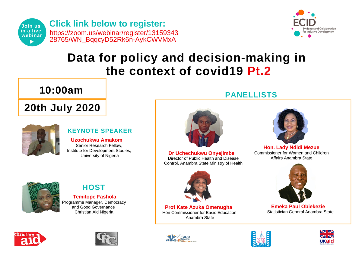 CAID_Nigeria's tweet photo. Join us as we continue the conversation on 
‘Data for policy &amp; decision-making in the context of #COVID19’ (Pt2) 

It is happening- 
Monday 20th July 2020
10:00 AM WAT
To register follow the link below: 👇 https://t.co/e3H2FdTaGn 

#ECID https://t.co/UxKODJiUyO
