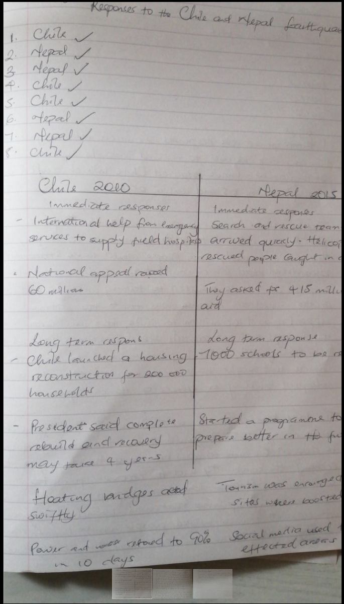 GeogHarper's tweet photo. David Oyeneye in year 10 has produced some fantastic case study revision notes on the Chile and Nepal earthquakes and has even attempted an extended exam answer on the topic. Amazing work!🌎😀 https://t.co/QZGWqdtDgo