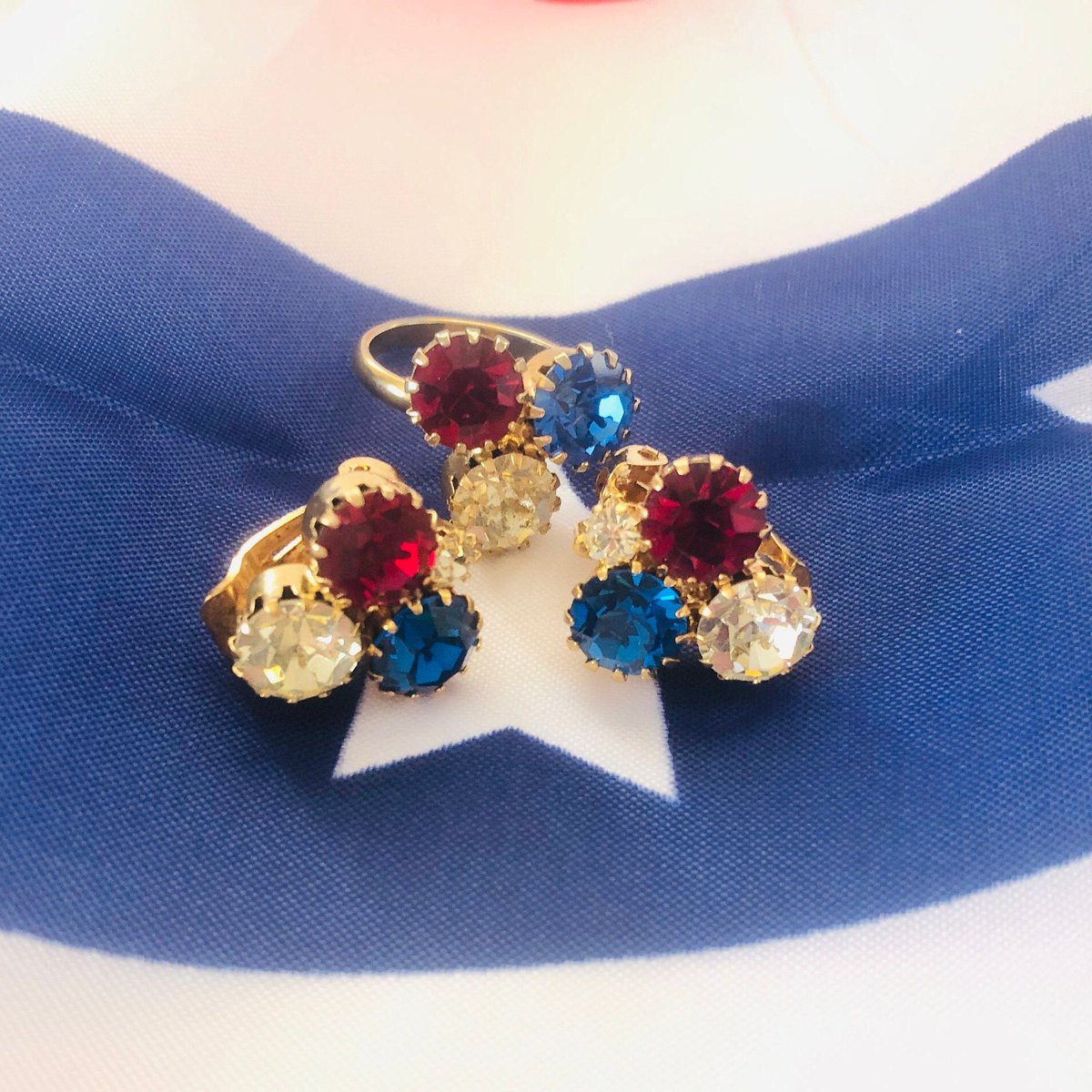 Excited to share this item from my #etsy shop: Vintage Patriotic Earrings and Ring Set, Red White and Blue Rhinestone Jewelry Set, Patriotic Rhinestone Ring and Clip on Earrings etsy.me/30abUww