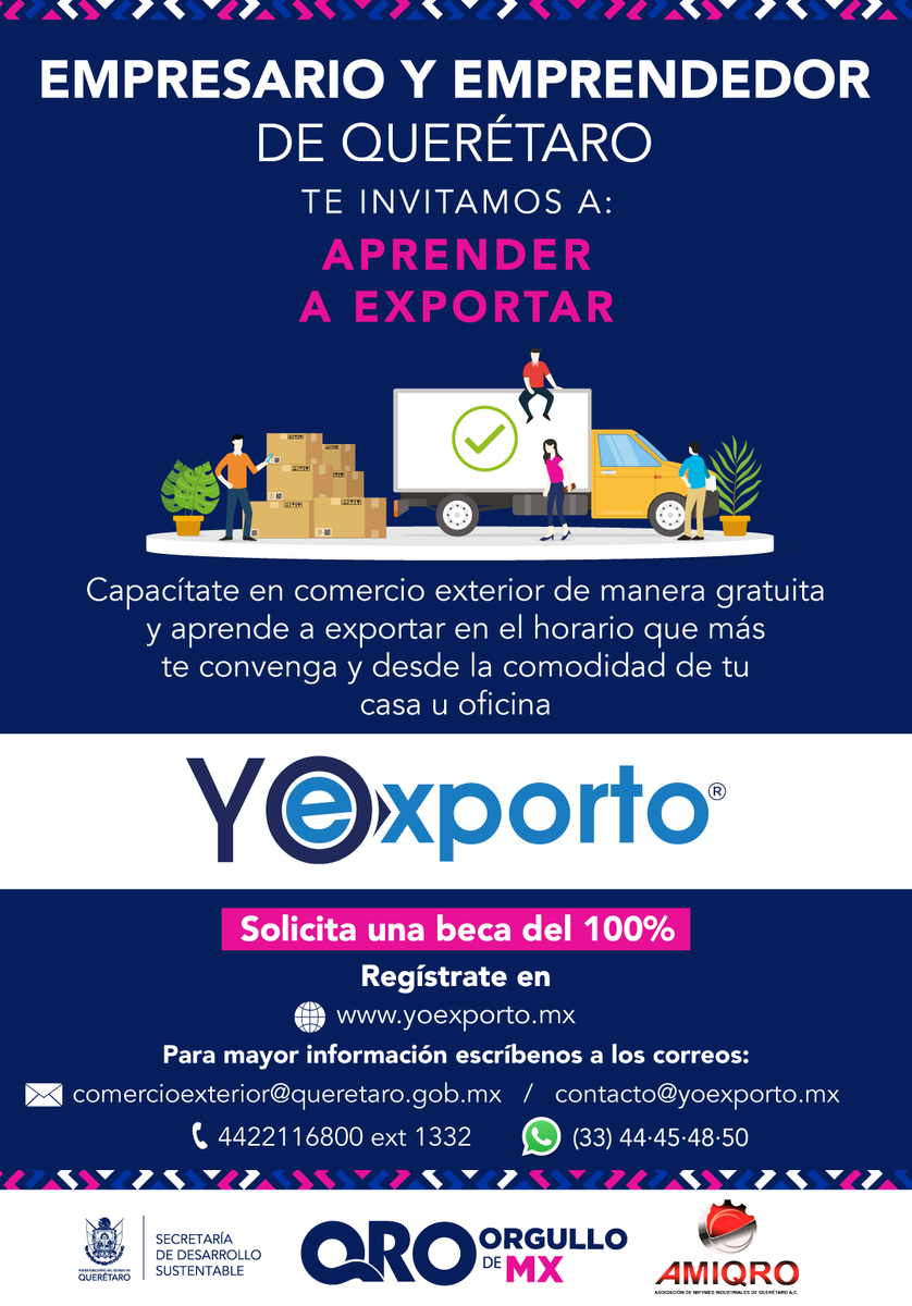 SEDESUQro's tweet photo. La #SEDESUQro ofrece la plataforma #YoExporto para la educación continua de las PyMEs en materia de comercio exterior. https://t.co/F90WIVL29S
