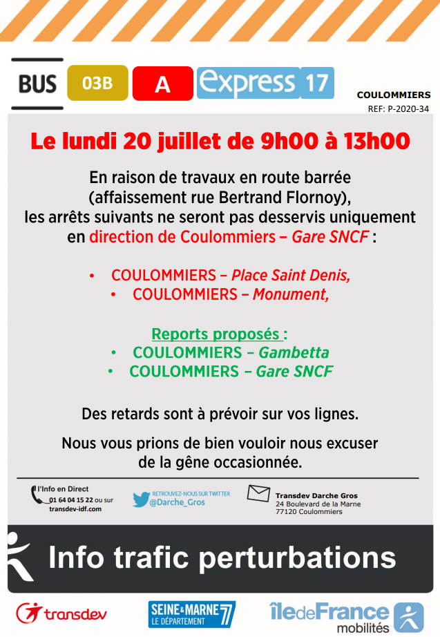 Brie2Morin_IDFM's tweet photo. ⚠️#infotrafic #Perturbation #Express17 #LA #L03B
@Coulommiers_77 
🚧Travaux Coulommiers Rue Bertrand Flornoy 
 ‼️ Lundi 20 juillet de 09h00 à 13h00
❌Arrêts non desservis COULOMMIERS Place St Denis et Monument 
✅Reports : COULOMMIERS Gambetta et Gare SNCF

@IDFmobilites https://t.co/TJz256f5cA