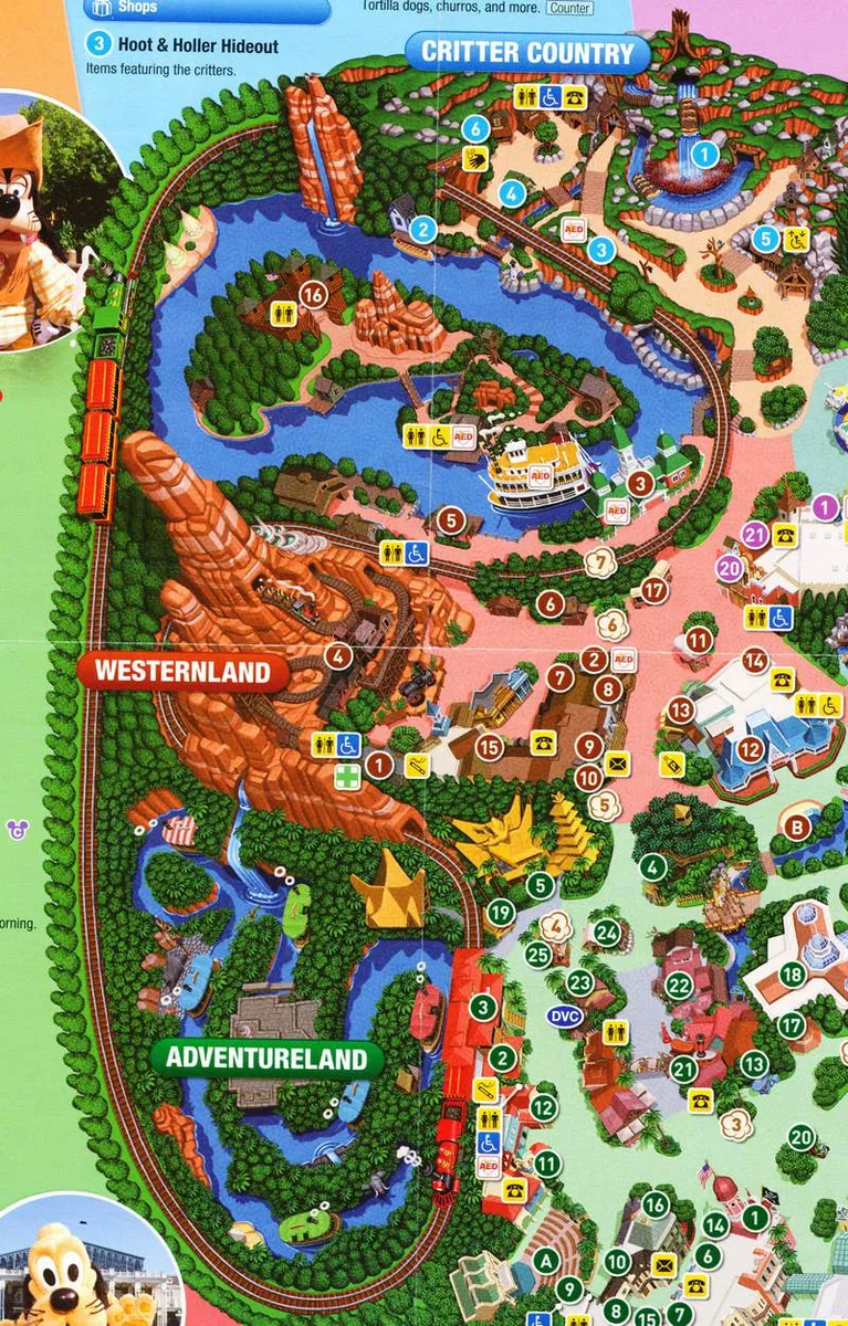 Mais impossible de se passer d’un train : les imagineers vont être créatifs et proposer un railroad DANS le parc. Introducing donc le Western River Railroad qui – comme son nom l’indique – fait le tour de la « rivière » du parc, dans Westernland (le Frontierland local)