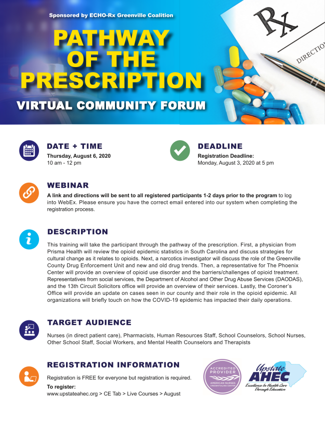 UpstateAHEC's tweet photo. Pathway of the Prescription - Virtual Community Forum! https://t.co/5gLw4OTMAr https://t.co/WZrUQEKyzi
