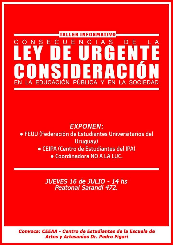 Mañana: nos encontramos participando del taller convocado por el Centro de Estudiantes de la Escuela de Artes y Artesanías Dr. Pedro Figari. #NoaLaLUC 🔻