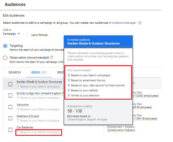 stevenjohns21's tweet image. GOOGLE ADS: Audience ideas now explain where their sometimes wild ideas for an recommended audience comes from. Can't find more than 5 light-bulbs, would be nice to see if anyone hits 6 or more (e.g. based on shopping campaigns). Script for auto-adding 5 bulbs or more lol