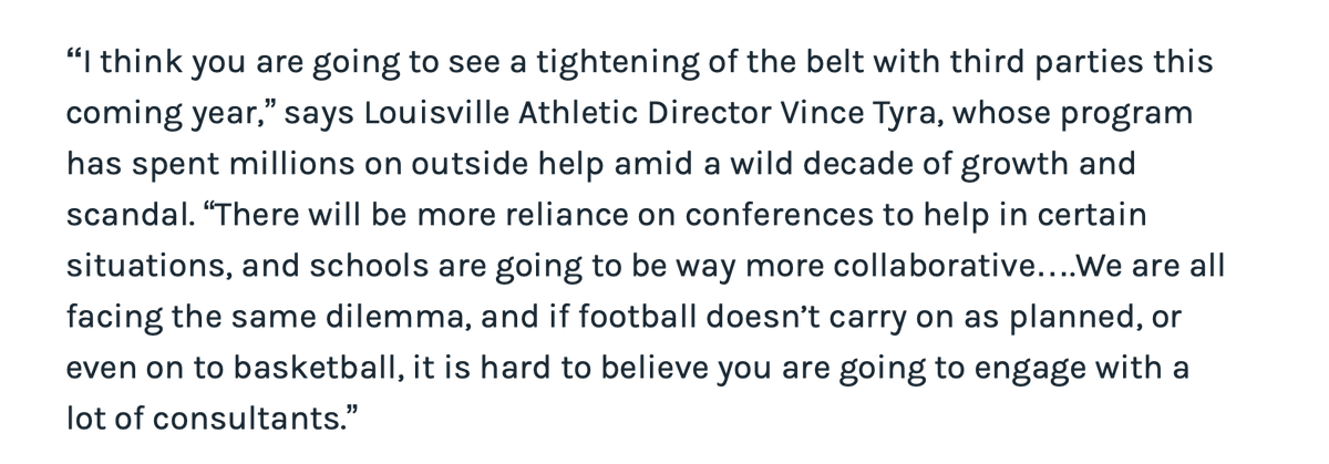 . @GoCards AD Vince Tyra goes on-the-record discussing the school's much-critiqued hiring of Chuck Smrt and the millions of dollars  #UL has spent on NCAA scandal-related third parties: "The legal bills don't come close to what you risk in terms of donations and ticket revenue."