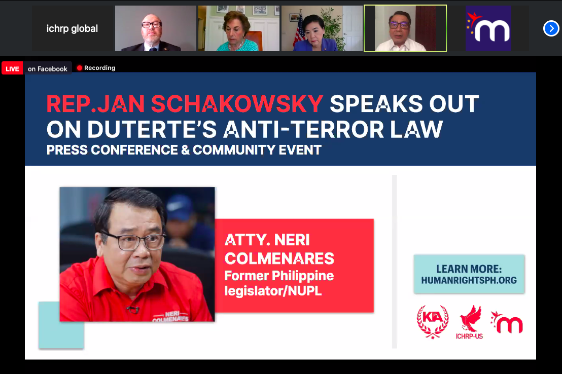 JOIN US in a discussion with US politicians and human rights defenders demanding the voiding of the Anti-Terrorism Law in the Philippines.

#HumanRightsPH 
#JunkTerrorLaw 

WATCH THE LIVESTREAMING: 
facebook.com/janschakowsky/…