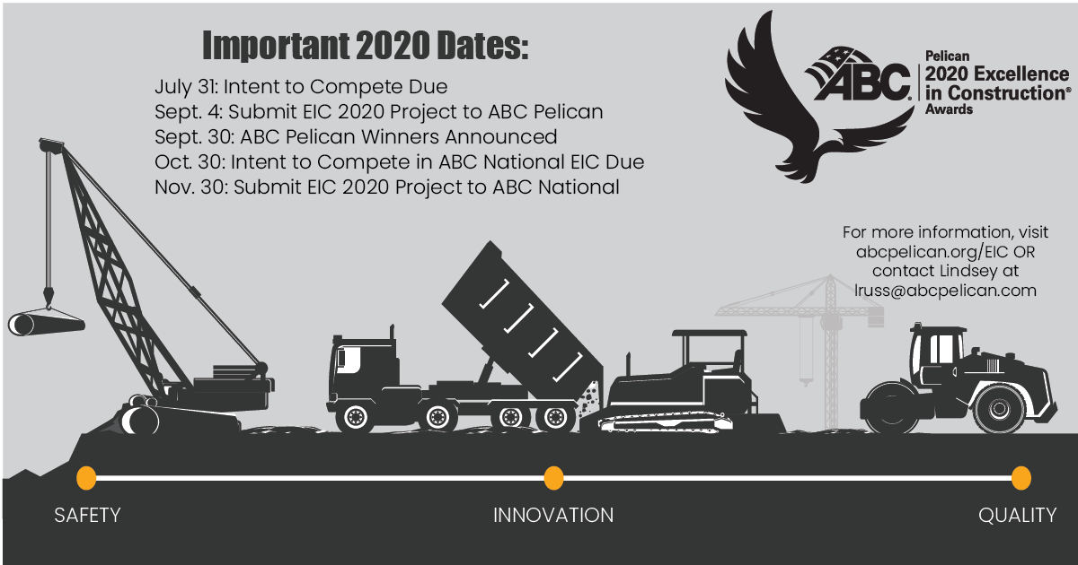 abcpelican's tweet photo. Just ONE more week to submit your Intent to Compete in this year's #ABCPelican Excellence in Construction. Visit https://t.co/JwOSRoYpyu for more information. #EIC2020 #ABCMeritShopProud https://t.co/5dGVtbteH9