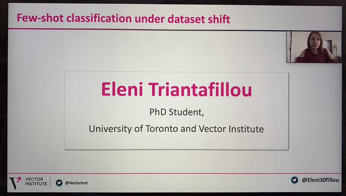 Tjido's tweet image. ‘Few-shot classification under #DatasetShift’ with @Eleni30fillou, PhD Student at @UofT and @VectorInst. This talk is part of the @VectorInst Endless Summer School (ESS) program.