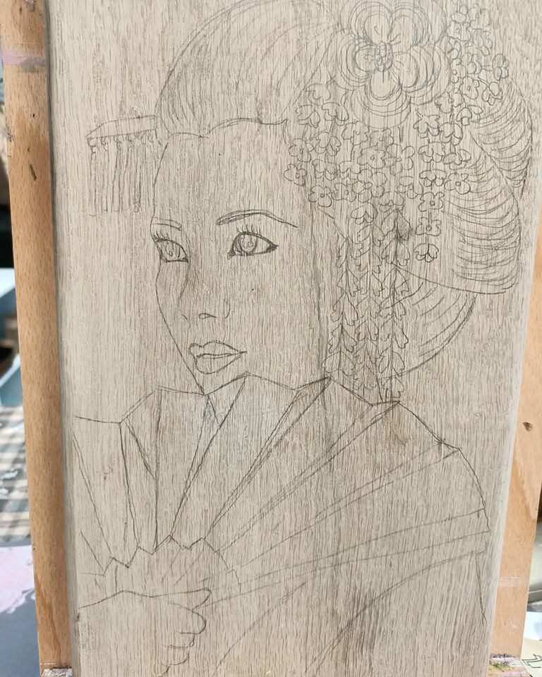 PyromaniArt's tweet photo. The current #Pyrography project 
#Geisha #EastAsian #ArtistOnTwitter *Next step is to add a little colour* https://t.co/qjYdMNujpe