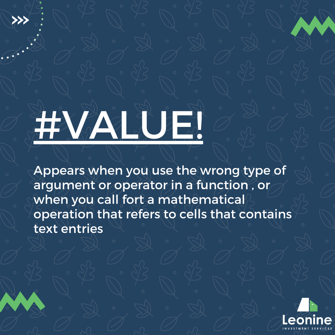leoninelearning's tweet photo. 6. #VALUE!

This appears when you use the wrong type of
argument or operator in a function, or when you call fort a mathematical operation that refers to cells that contain text entries.

#Leonine #Financialmodel #Finance #Leonineinvest #Learning #Leoninelearning https://t.co/yVh901sT5v