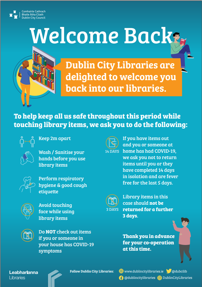 dubcilib's tweet photo. We are delighted to be lending to the public again but have some requests for our borrowers
- Please don't borrow library items if someone in your house has Covid 19 symptoms
- If anyone develops symptoms do not return items until after 14 days of isolation and a further 3 days https://t.co/zYF2kjihuo