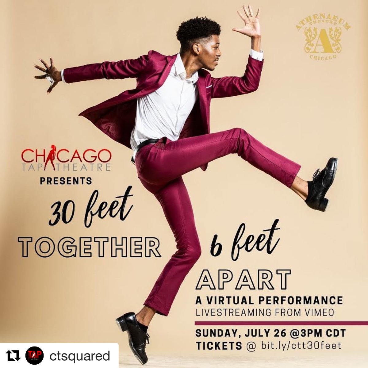 ATPChicago (@atprodschi) on Twitter photo .<a href="/ctsquared/">Chicago Tap Theatre</a> is SO EXCITED to bring you (w/ <a href="/CDCgov/">CDC</a> guidelines!) CTT’s 1st virtual show, “30 Feet Together, 6 Feet Apart”: a celebration of the power and necessity of dance, hosted by <a href="/JCBrooksBand/">JC Brooks Band</a> w/favorite pieces live-streamed on <a href="/Vimeo/">Vimeo</a>! bit.ly/ctt30feet .<a href="/ctsquared/">Chicago Tap Theatre</a> is SO EXCITED to bring you (w/ <a href="/CDCgov/">CDC</a> guidelines!) CTT’s 1st virtual show, “30 Feet Together, 6 Feet Apart”: a celebration of the power and necessity of dance, hosted by <a href="/JCBrooksBand/">JC Brooks Band</a> w/favorite pieces live-streamed on <a href="/Vimeo/">Vimeo</a>! bit.ly/ctt30feet