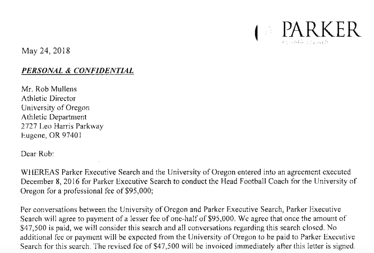 We have lots on  @ParkerSearch, including a 2018 letter between firm and  @GoDucks AD Rob Mullens, in which the Parker agreed to take 1/2 its fee for the botched hiring of Willie Taggert, who bailed midway thru 1st season at Oregon.  @uomatters  @kennyjacoby  https://theintercollegiate.com/covid-and-the-college-sports-consultant/