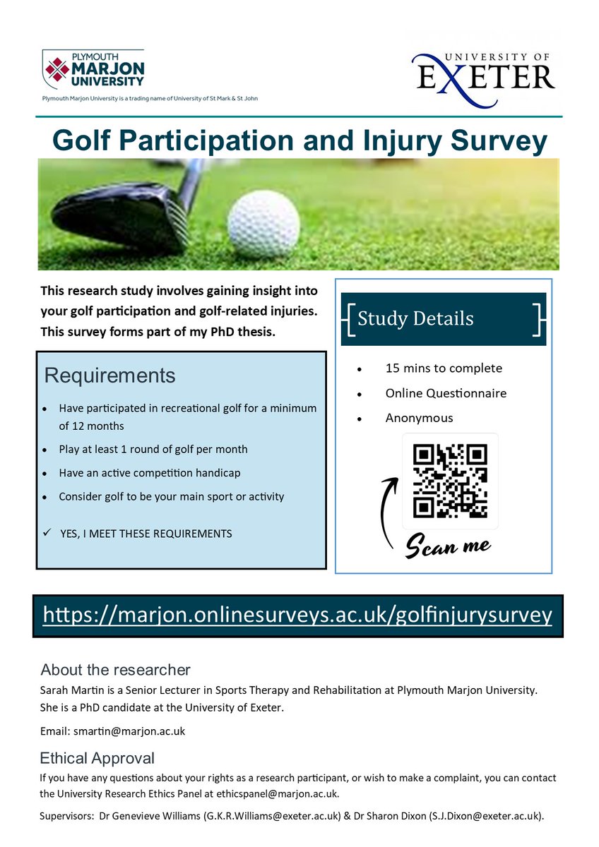 smSportRehab's tweet photo. GOLFERS - please can you spare 10-15mins to complete my golf participation &amp; injury survey for my PhD. A retweet would be appreciated too! https://t.co/DsOaw7dJ07 #golf #golfer #golfing #injury #participation https://t.co/PJBnhXTksw