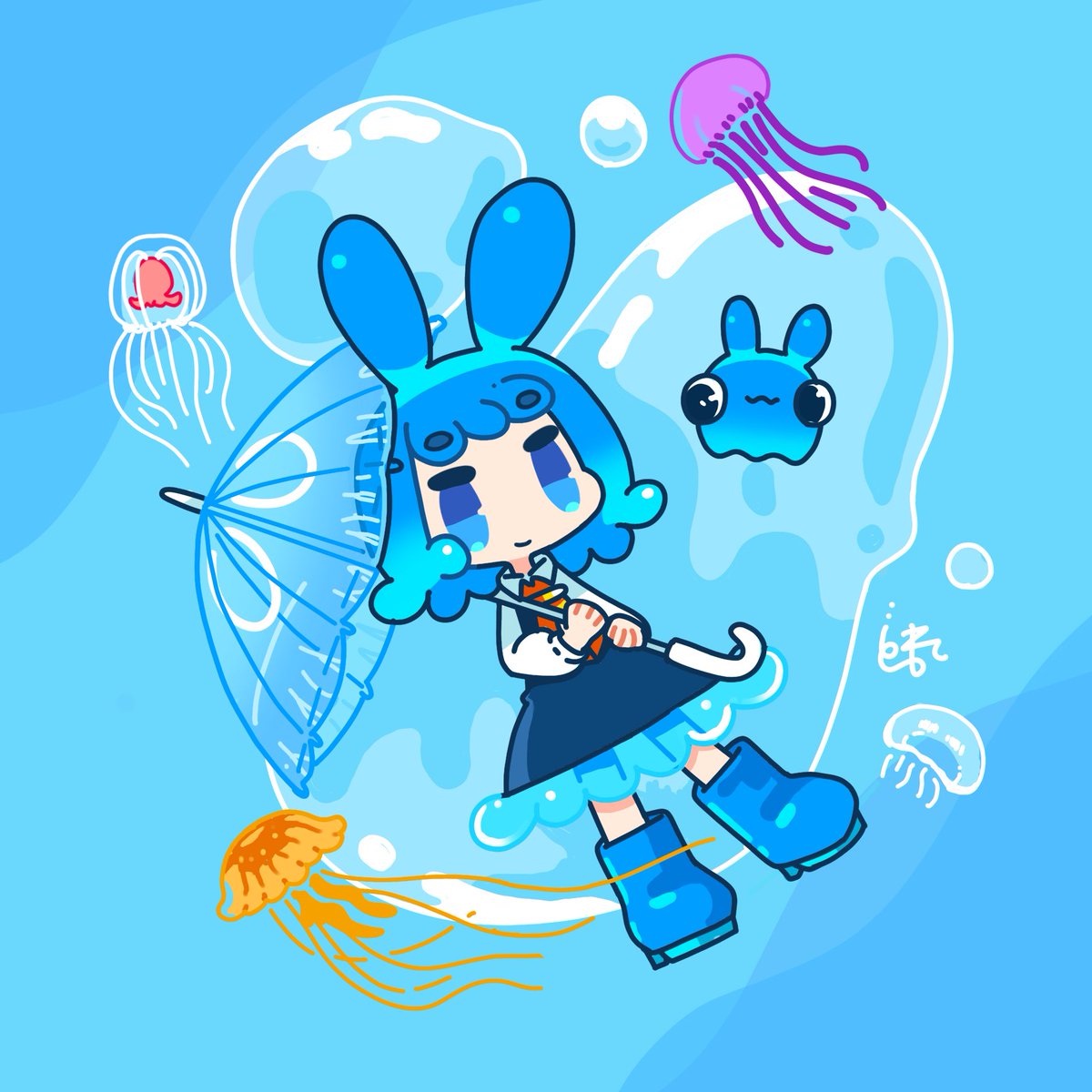 1girl jellyfish blue hair blue eyes umbrella holding umbrella boots  illustration images