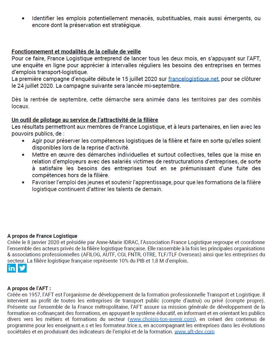 Lancement d’1 cellule de veille pour l'emploi &amp; les compétences de la filière logistique. Une initiative des membres de <a href="/fr_logistique/">FRANCE LOGISTIQUE</a> avec <a href="/AFT_TL/">AFT TRANSPORT & LOGISTIQUE</a>: satisfaire les besoins en recrutement des entreprises &amp; préserver et renforcer les compétences dans le contexte post #Covid