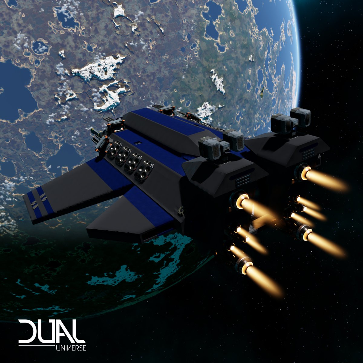 dualuniverse's tweet image. The "TNS Richter" is a ship purposely built for PVP by Walter of the "Antares Expeditionary Force" organization. Send us a picture of your build with coordinates to community@novaquark.com for a chance to get featured!⁠