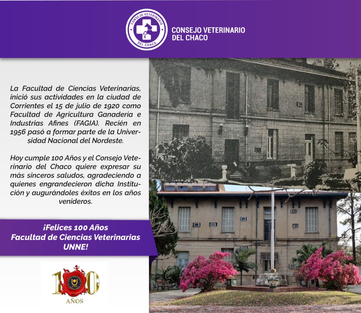 vet_chaco's tweet photo. El Consejo Veterinario del Chaco saluda con profunda emoción a la Facultad de Ciencias Veterinarias-UNNE por su centenario. https://t.co/lQfFlWBfi7