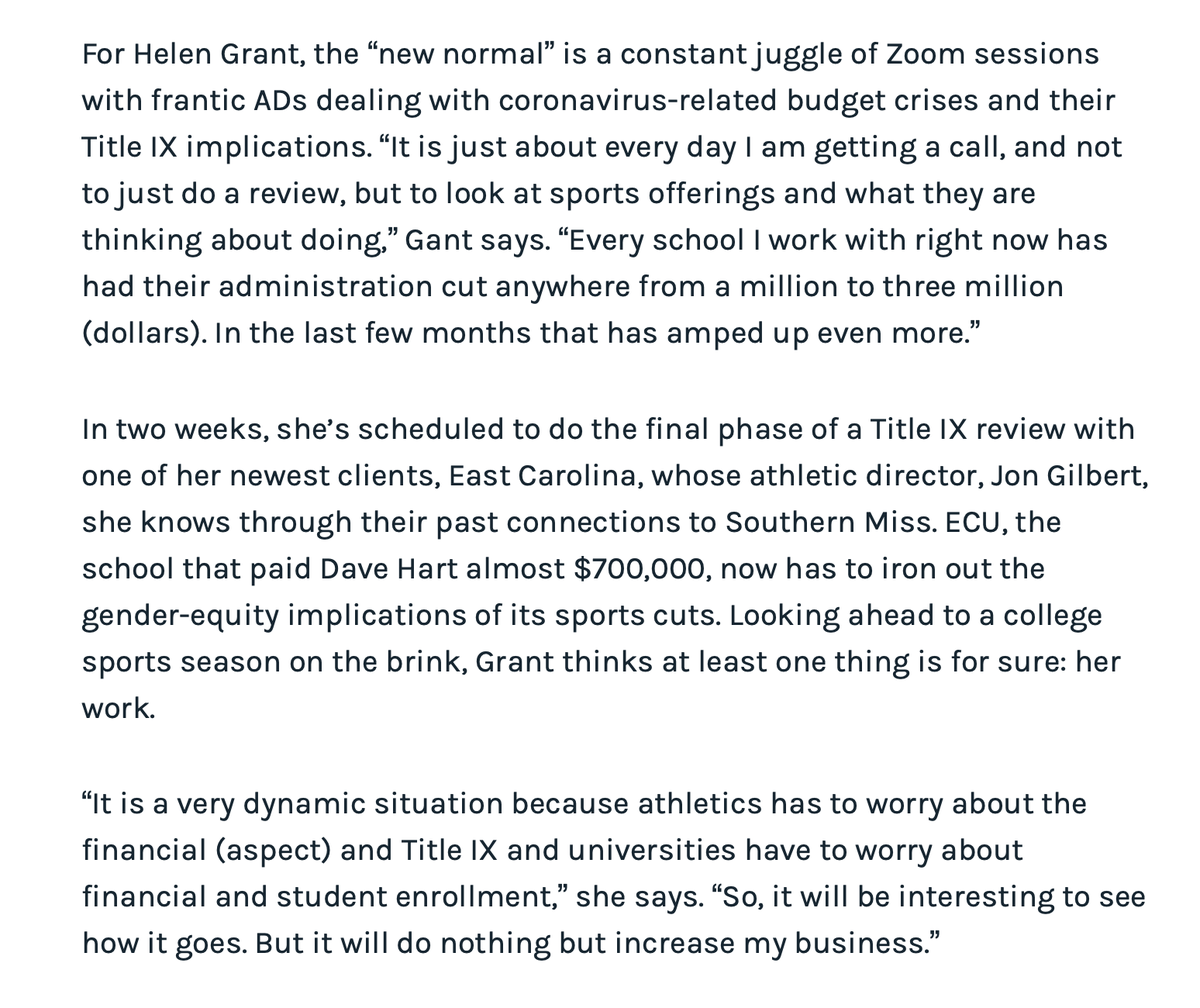 Helen Grant, college sports' go-to consultant for gender equity issues, says her business is booming amidst pandemic-related sports cuts. She also details how Title IX compliance "becomes a little game you have to play after a while" for schools.  #NCAA https://theintercollegiate.com/covid-and-the-college-sports-consultant/