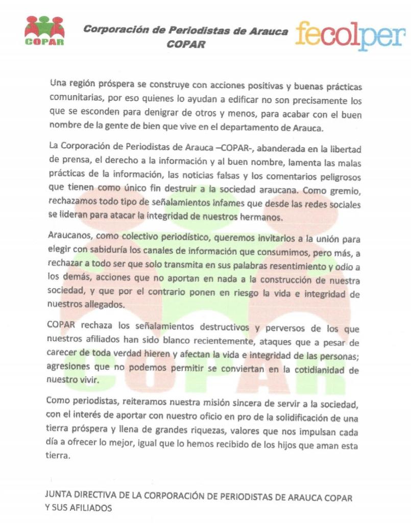 copar_arauca's tweet photo. La Corporación de Periodistas de Arauca @copar_arauca rechaza los ataques contra los periodistas del departamento de Arauca a través de las redes sociales. @FECOLPER https://t.co/jDSb0B3bNe