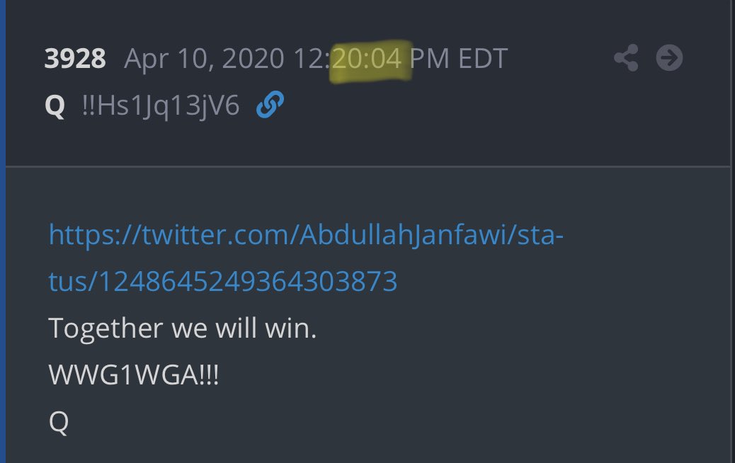 Using time stamp 08:04 from POTUS tweet, also pulls up Q post 8. If you convert the time into 20:04 (actual military time for AM is 08:04, 20:04 represents the 8:04 PM, but done just to check), you bring up Q post 20 with an AG SESSIONS topic. And Q post 3928 #WWG1GWA