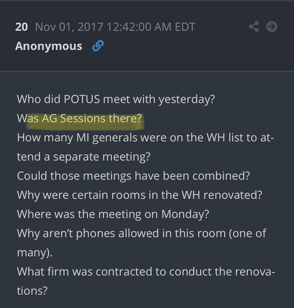 Using time stamp 08:04 from POTUS tweet, also pulls up Q post 8. If you convert the time into 20:04 (actual military time for AM is 08:04, 20:04 represents the 8:04 PM, but done just to check), you bring up Q post 20 with an AG SESSIONS topic. And Q post 3928 #WWG1GWA