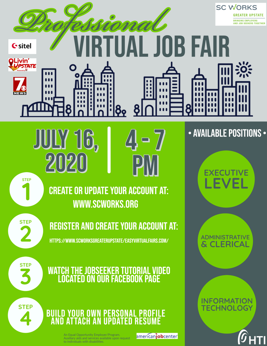 htijobs's tweet photo. We'll be at the Professional Virtual Job Fair organized by SC Works tomorrow. Looking for work? Register now, and we'll see ya there!
#jobfair #virtualjobfair #professionalrecruiting #WhyHTI #staffing https://t.co/kEAYDnG64v
